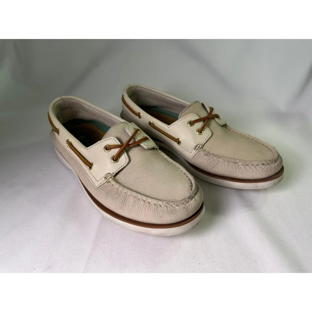Sperry Top-Sider Authentic Original 2-Eye Boat Shoes Mens Size 8.5 Beige Leather